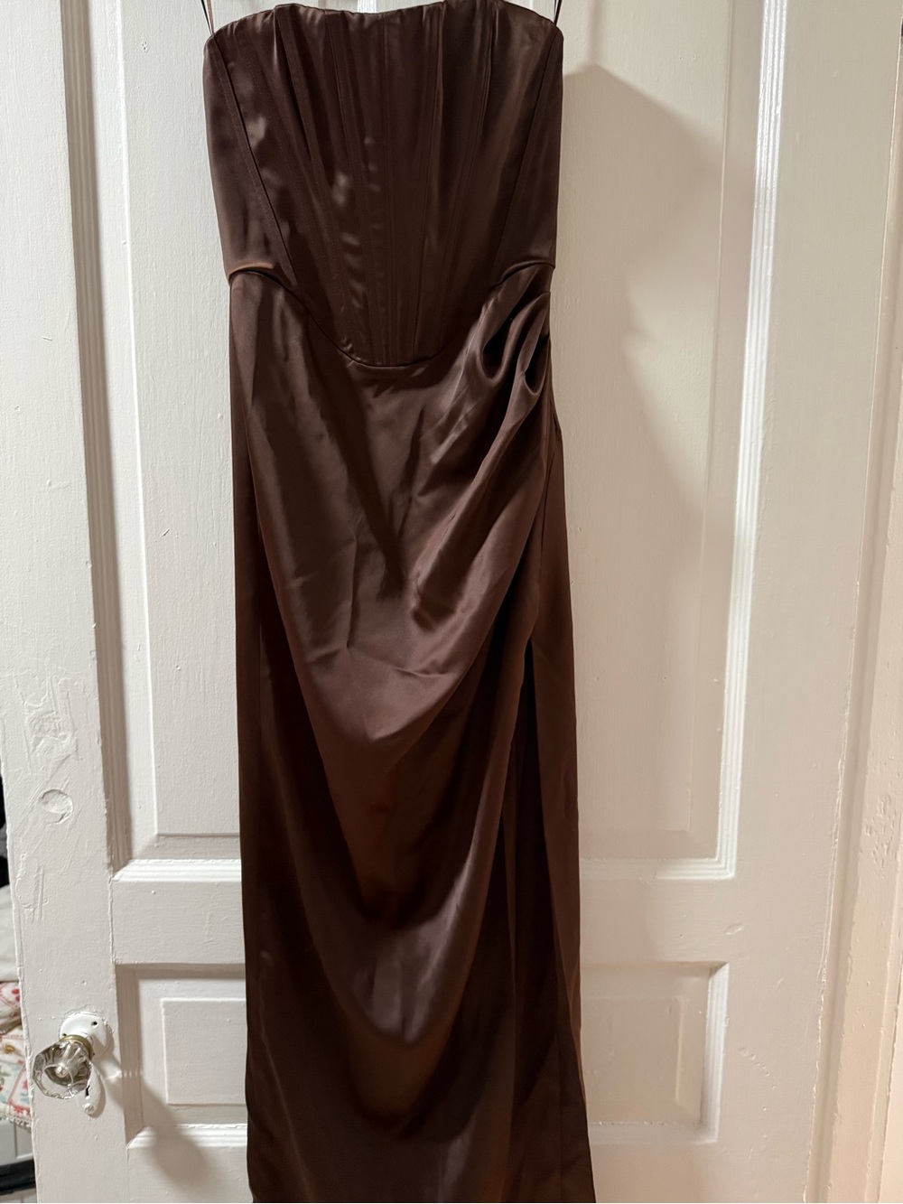 Bardot Chocolate Brown Strapless Satin Gown